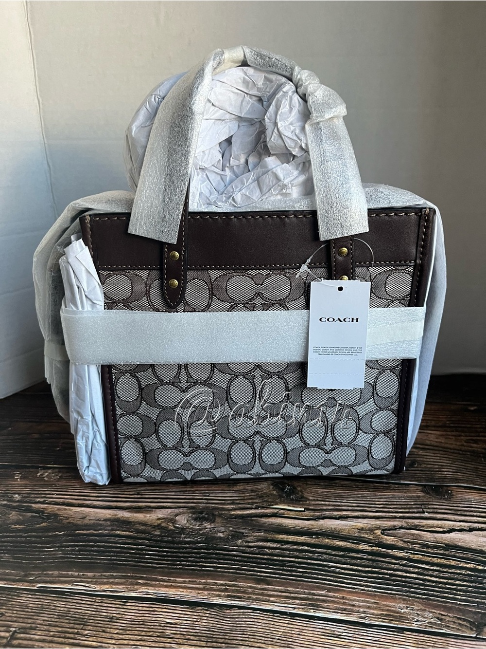 NWT Coach Field Tote 22 in Oak Maple Signature Jacquard and Leather